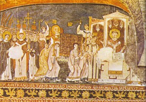 Святые Кирилл и Мефодий вносят мощи святого Климента в Рим. Фреска XI века из Базилики Святого Климента