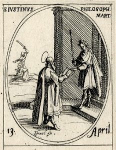 Иустин Философ вручает императору свою Апологию. Бумага, гравюра. Автор Жак Калло. Франция, 1632-1635.